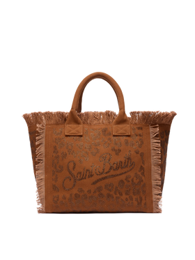 Borsa a spalla Vanity in canvas di cotone marrone con decorazioni in strass leopardate