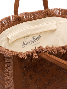 Borsa a spalla Vanity in canvas di cotone marrone con decorazioni in strass leopardate