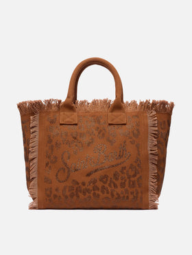 Braune Vanity-Einkaufstasche aus Baumwollcanvas mit Leoparden-Strassverzierung