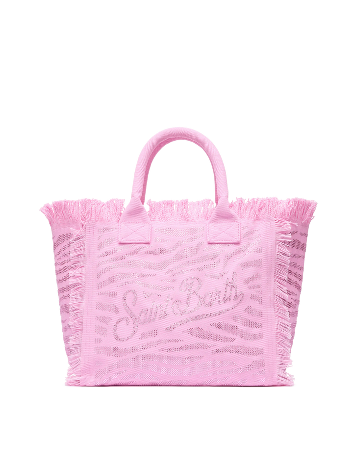 Pink cotton canvas Vanity tote bag with zebra rhinestone embellishment