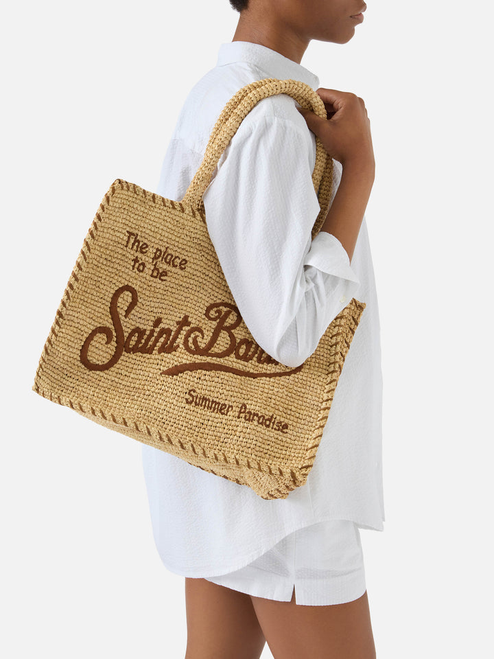 Borsa Vanity regular in raffia con dettagli marroni