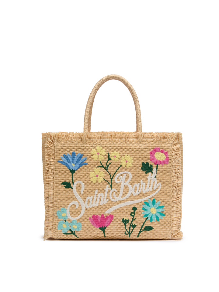 Beige straw effect Vanity tote bag with applied flowers