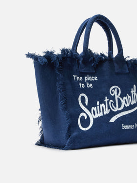 Borsa Vanity regular in lino blu tinta unita
