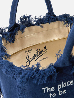 Borsa Vanity regular in lino blu tinta unita