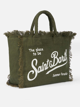 Vanity military green linen shoulder bag