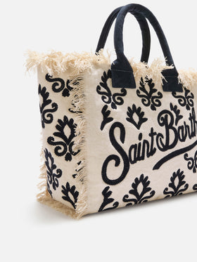 Vanity bag regular en toile avec broderie tuftée motif lys bleu 