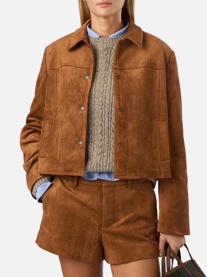 Camel Veyra suede jacket with logo embroidery