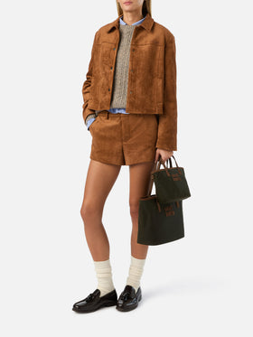 Camel Veyra suede jacket with logo embroidery