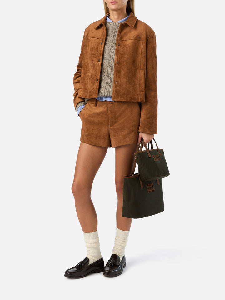Camel Veyra suede jacket with logo embroidery
