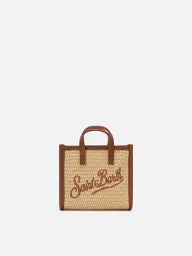 Borsa Vivian micro effetto raffia con logo marrone ricamato