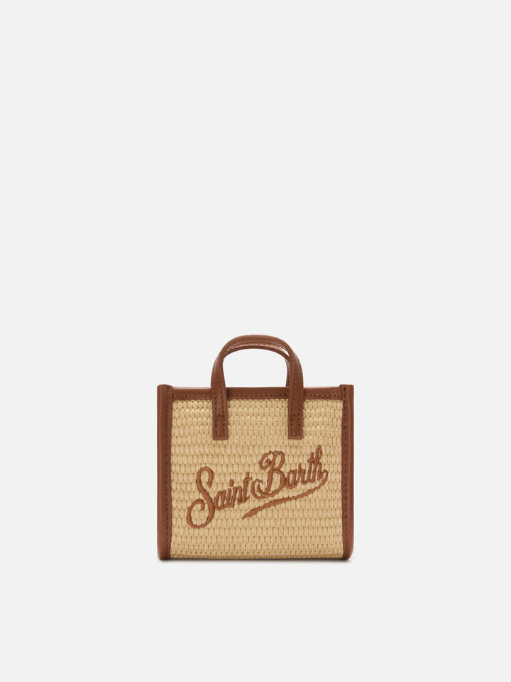 Vivian micro raffia effect bag with brown embroidered logo