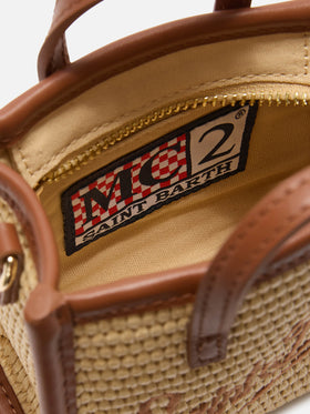 Borsa Vivian micro effetto raffia con logo marrone ricamato