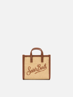 Vivian micro straw effect bag with brown embroidered logo