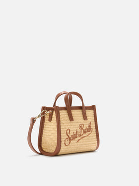 Vivian micro straw effect bag with brown embroidered logo