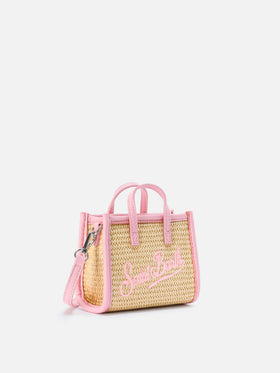 Vivian micro raffia effect bag with pink embroidered logo
