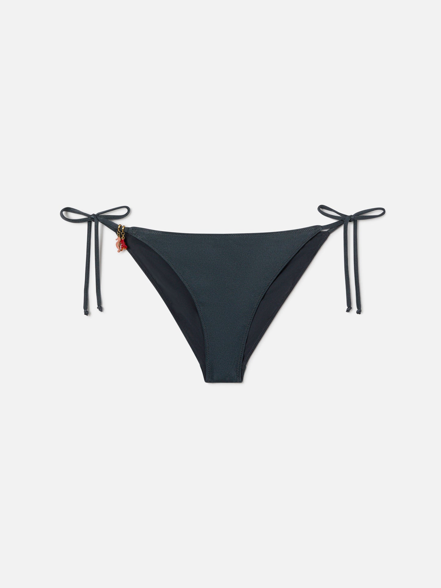 Klassische Virgo Bikinihose aus dunkelgrauem Stoff mit glänzendem Finish und Charm-Details 