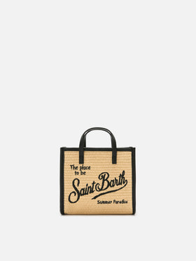 Borsa Vivian mini in tessuto effetto paglia con logo nero ricamato
