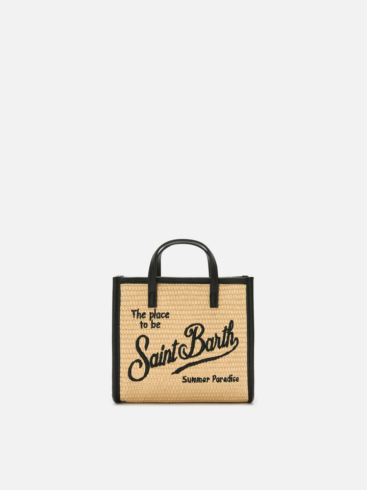 Borsa Vivian mini in tessuto effetto paglia con logo nero ricamato