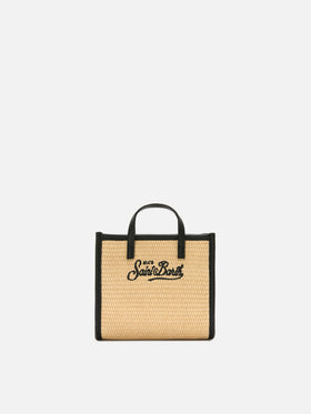 Borsa Vivian mini in tessuto effetto paglia con logo nero ricamato