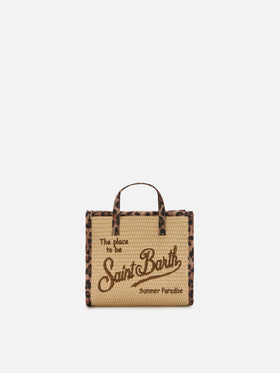 Borsa Vivian mini in tessuto effetto paglia con profili leopardati