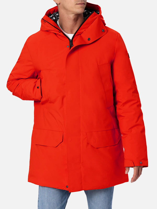 Man hooded orange parka with bandanna lining