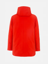 Man hooded orange parka with bandanna lining