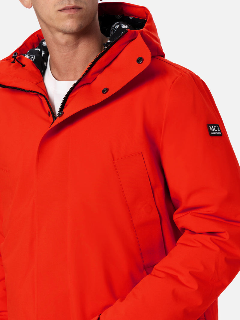 Man hooded orange parka with bandanna lining