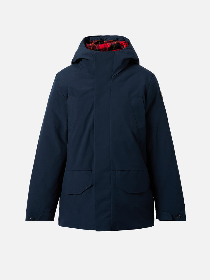 Marineblaue Parkajacke Voyager Jr mit Kapuze und Tartanfutter