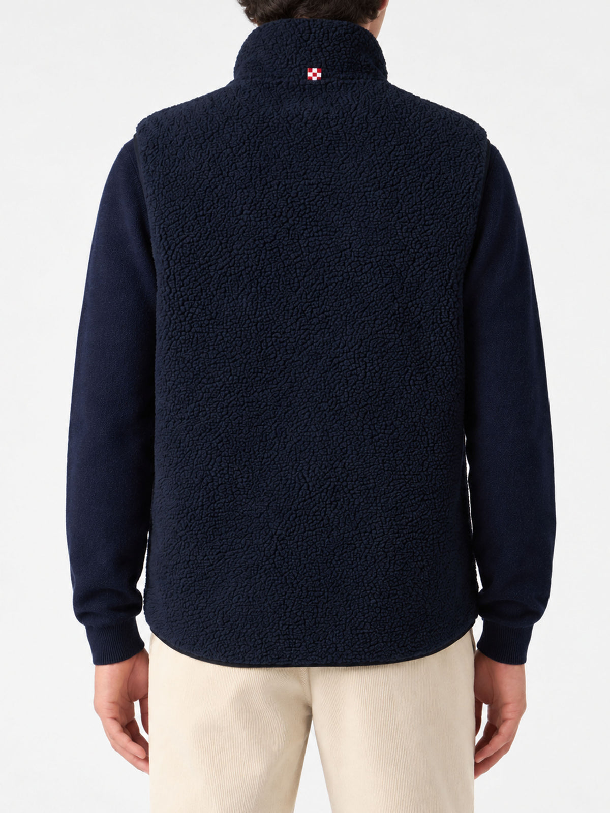 Navy blue Wanaka sherpa vest with check pockets