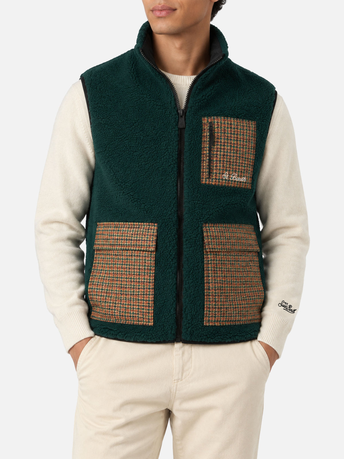 Dark green Wanaka sherpa vest with pied de poule pattern