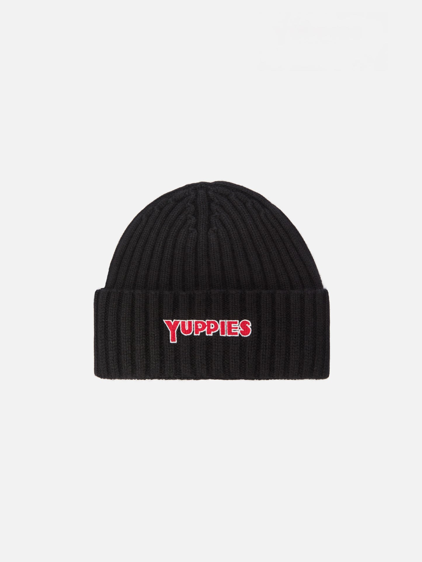 Wengen beanie in cashmere blend in black with Yuppies embroidery