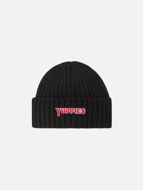 Wengen beanie in cashmere blend in black with Yuppies embroidery