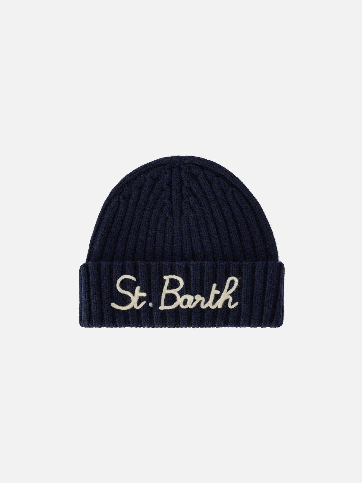 Marineblaue blue Wengen-Beanie mit St. Barth-Stickerei 