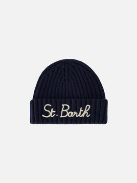 Marineblaue blue Wengen-Beanie mit St. Barth-Stickerei 
