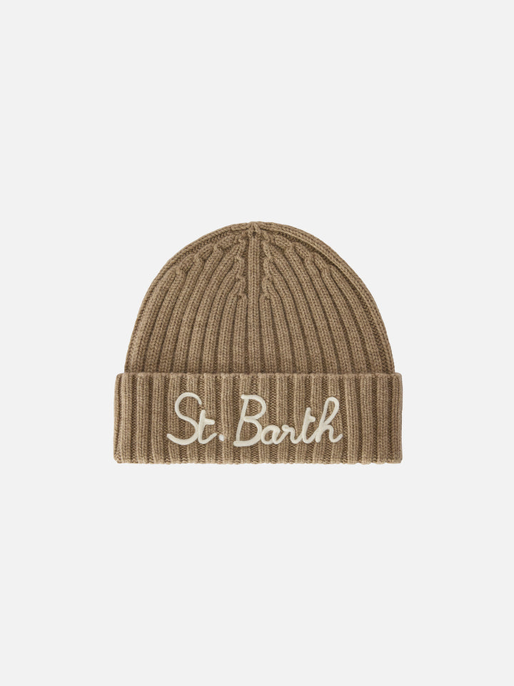 Beigefarbene Wengen-Mütze mit St. Barth-Stickerei 