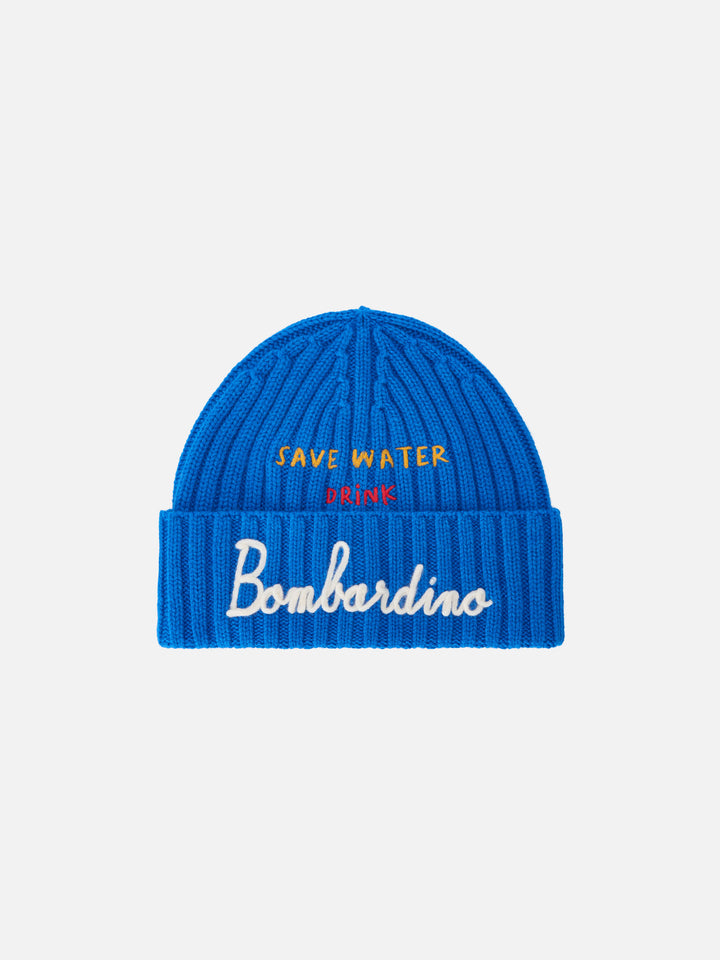 Blue Wengen-Beanie mit Save Water Drink Bombardino Stickerei 
