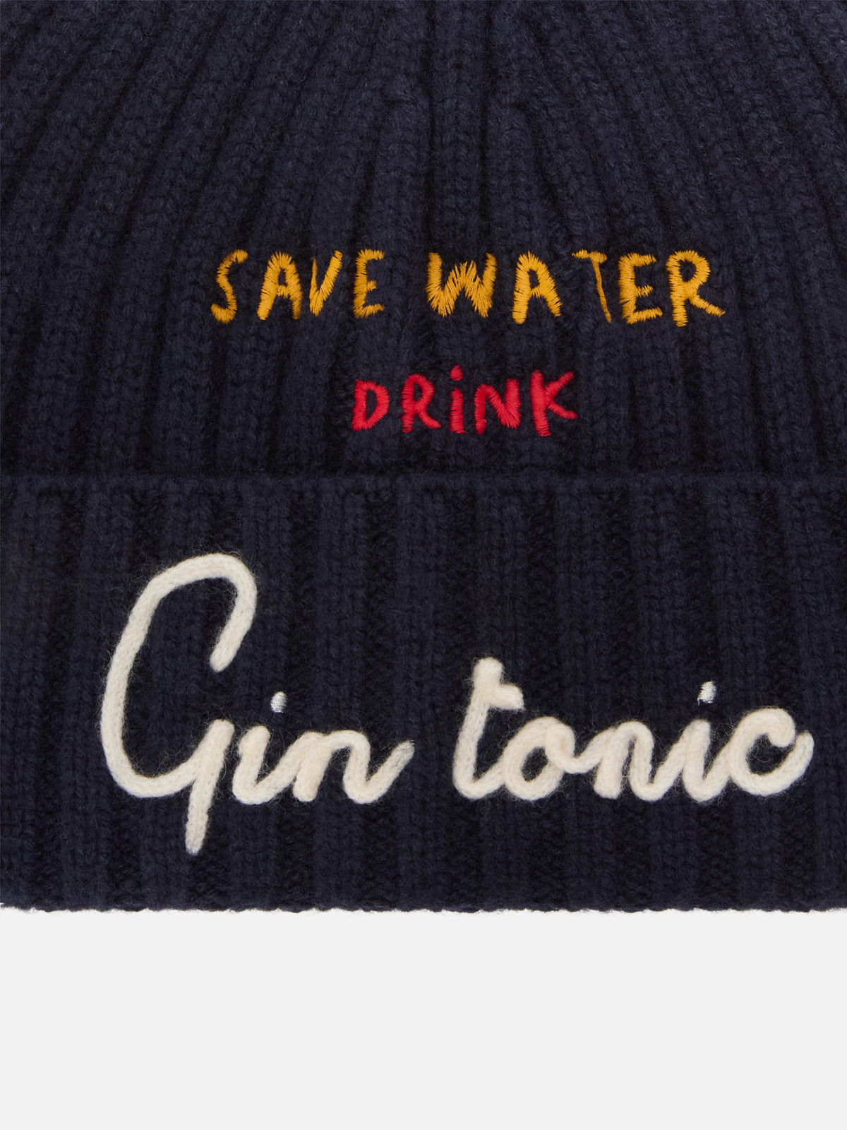 Navy blue Wengen beanie with Save Water Drink Gin Tonic embroidery