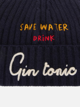 Navy blue Wengen beanie with Save Water Drink Gin Tonic embroidery