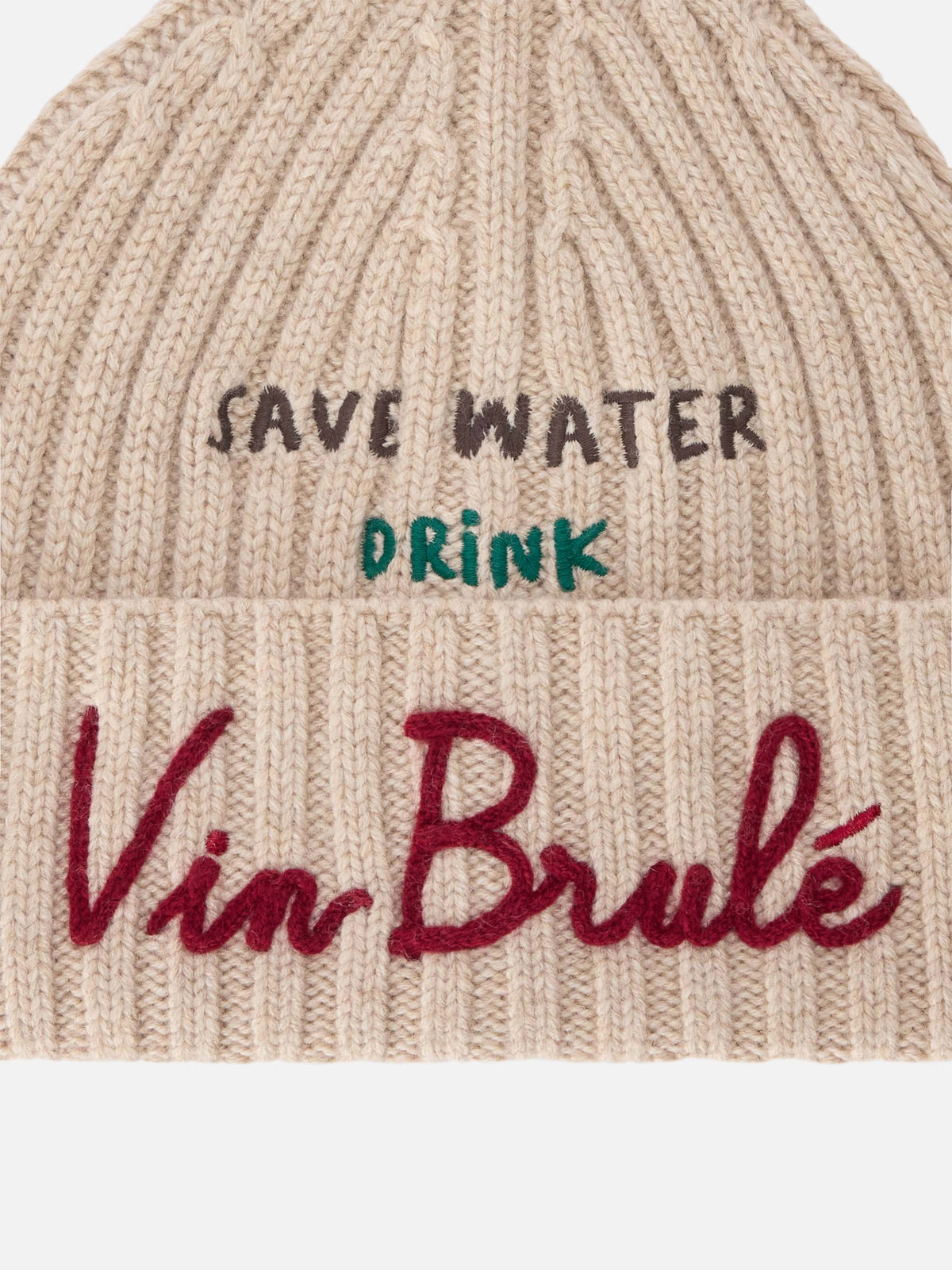 Beige Wengen-Beanie mit Save Water Drink Vin Brulé-Stickerei 