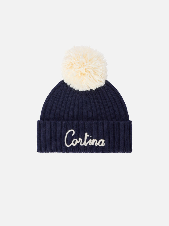 Navy blue Wengen beanie with pompom and Cortina embroidery