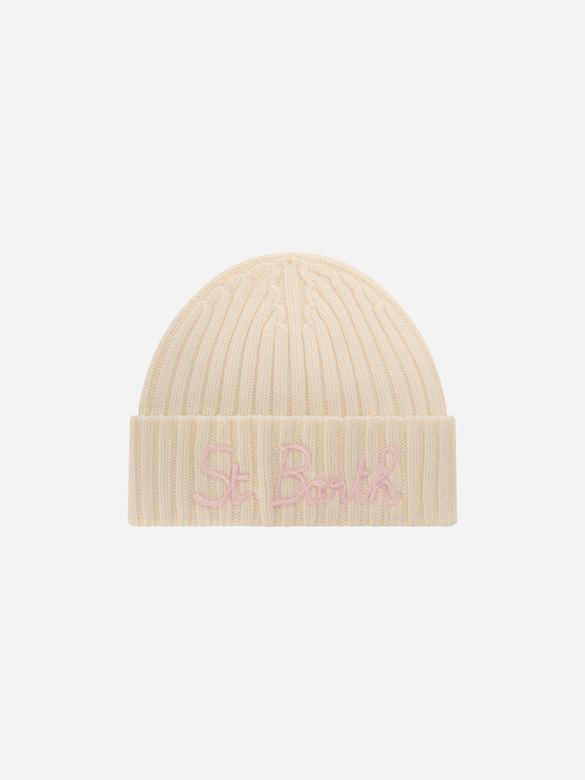 Gorro beanie Wengen off white con bordado St. Barth en rosa 