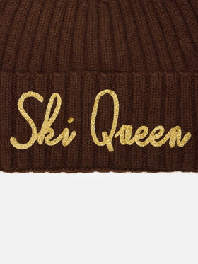 Cashmere blend Wengen beanie in brown with lurex Ski Queen embroidery