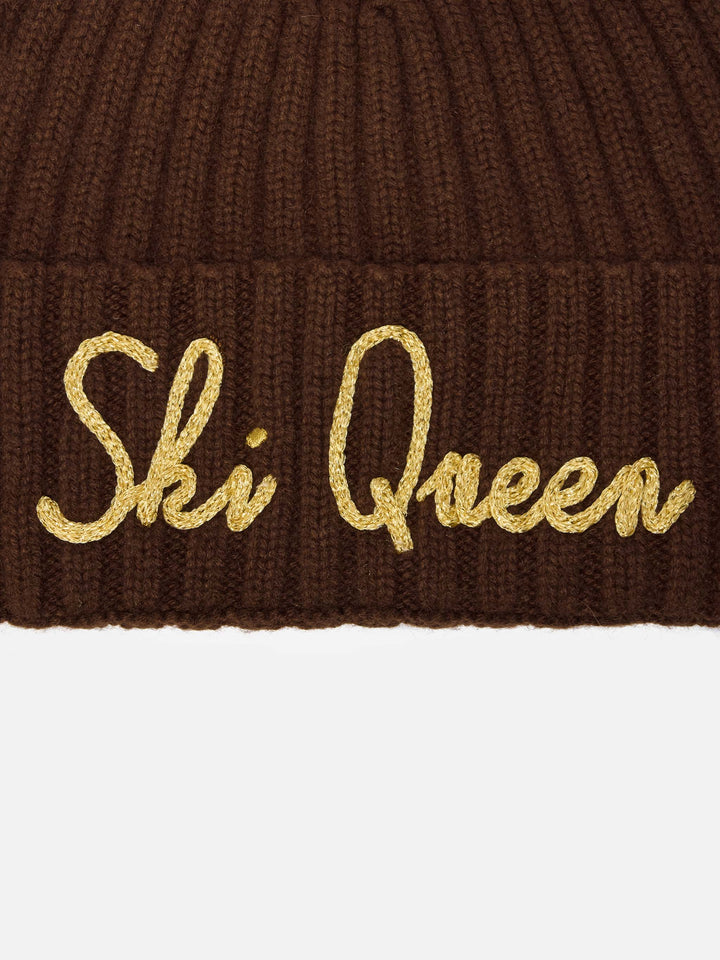 Cashmere blend Wengen beanie in brown with lurex Ski Queen embroidery