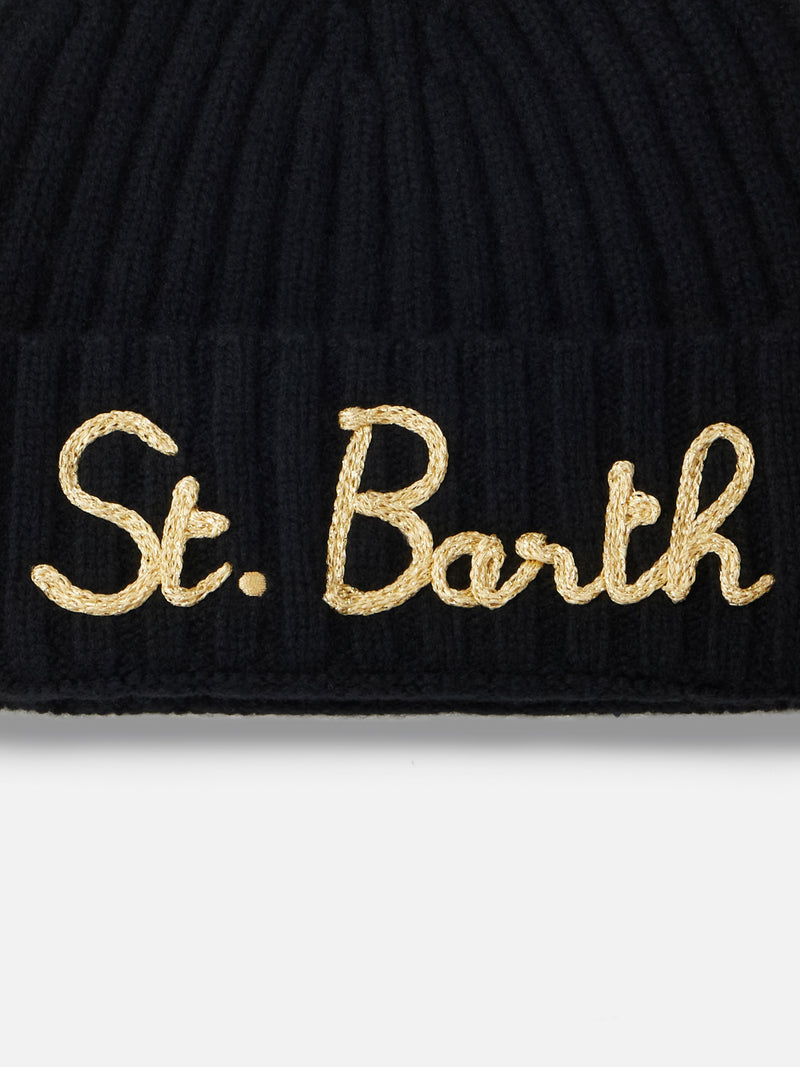 Woman black ribbed hat Wengen with St. Barth embroidery