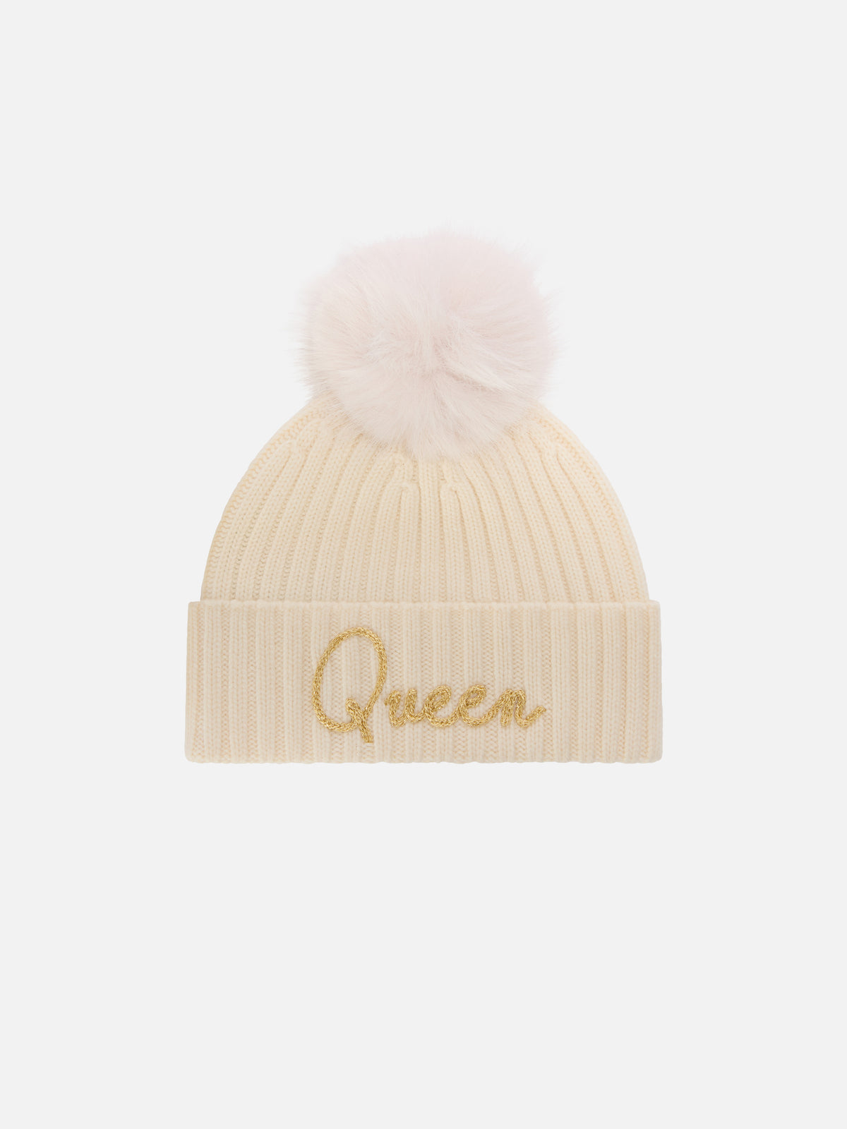 Off-white Wengen-Beanie mit Pompon und Queen-Stickerei 