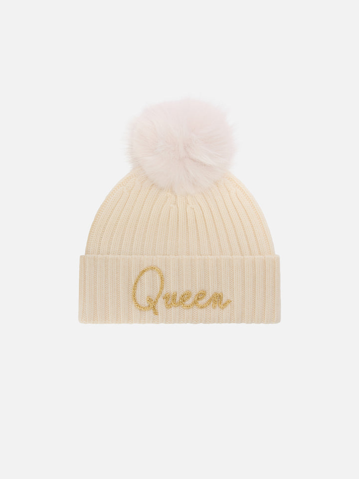 Off white Wengen beanie with pompom and Queen embroidery