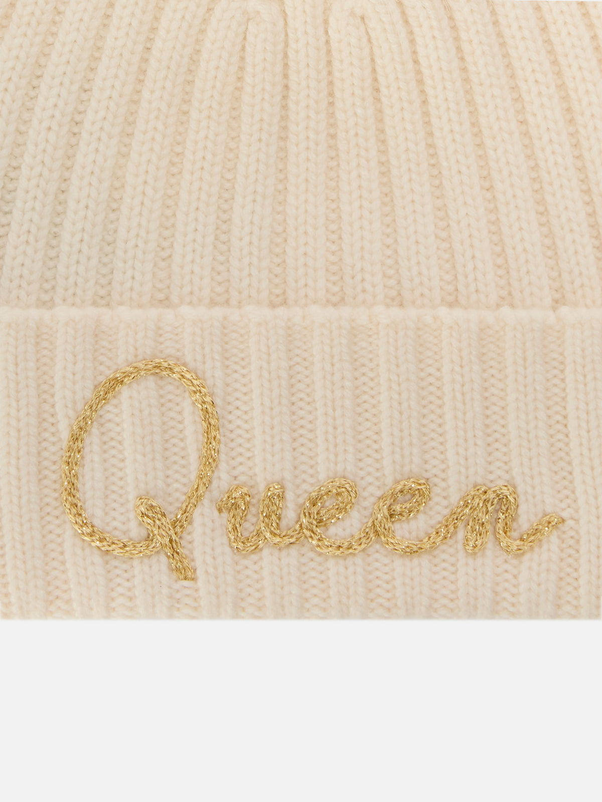 Off-white Wengen-Beanie mit Pompon und Queen-Stickerei 