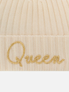 Off-white Wengen-Beanie mit Pompon und Queen-Stickerei 