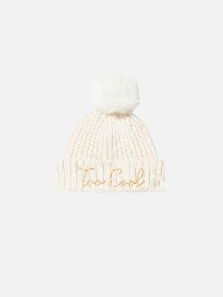 Wengen Jr beanie in cashmere blend in white with Favolosa embroidery