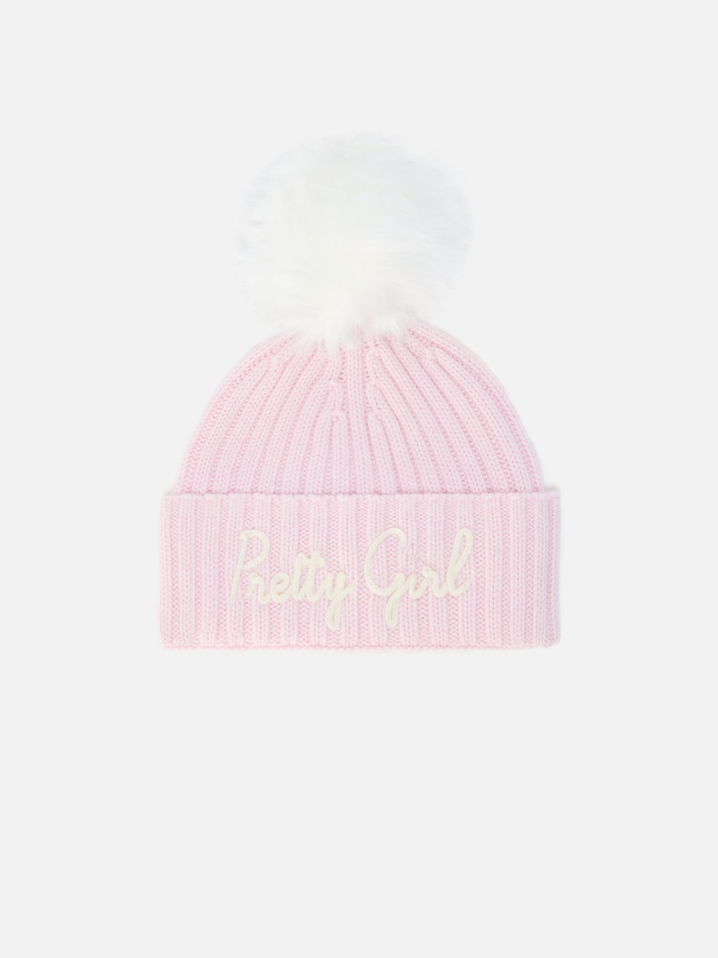 Wengen Jr F beanie in cashmere blend in pink with Pretty Girl embroidery